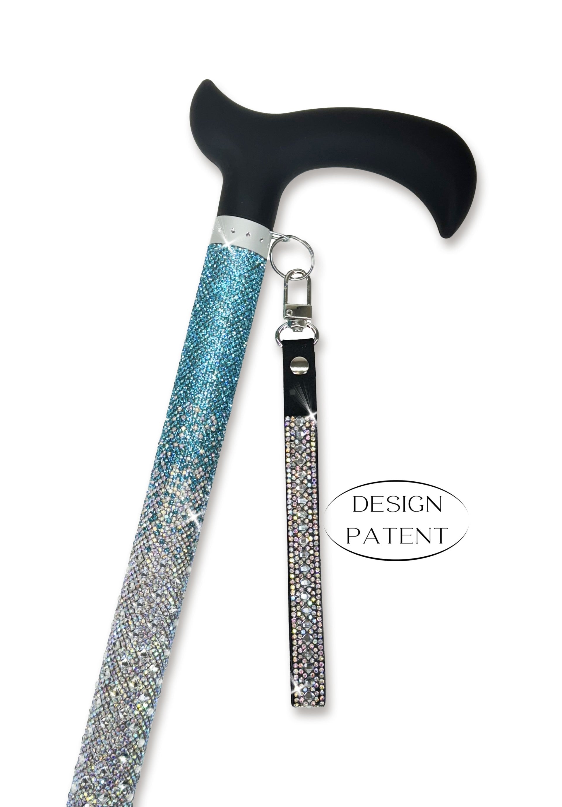 Decorative walking cane with turquoise ombre coloured rhinestone shaft and black derby handle on a white background