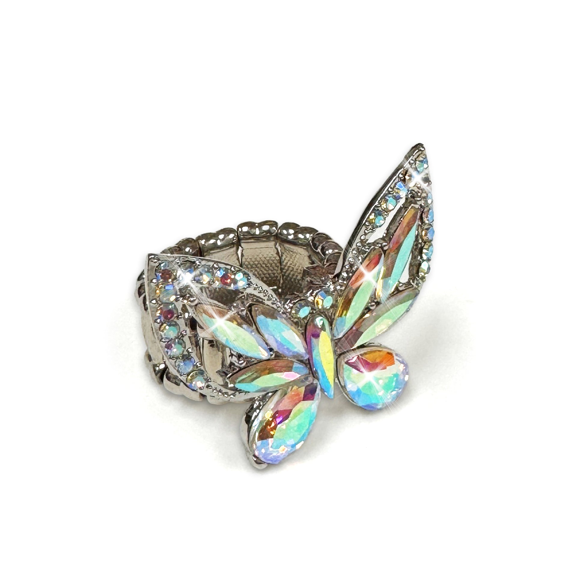 Butterfly-shaped jewelry piece with iridescent wings on a white background