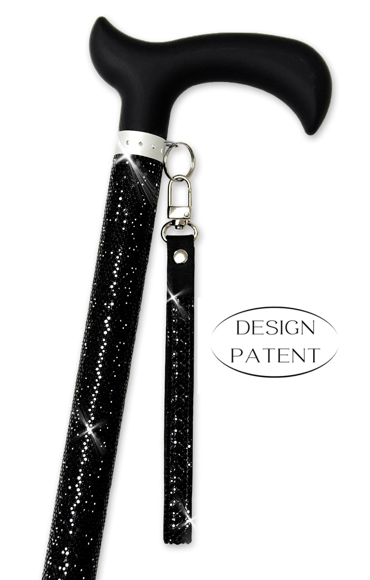 Black glittery walking cane with a strap on a white background