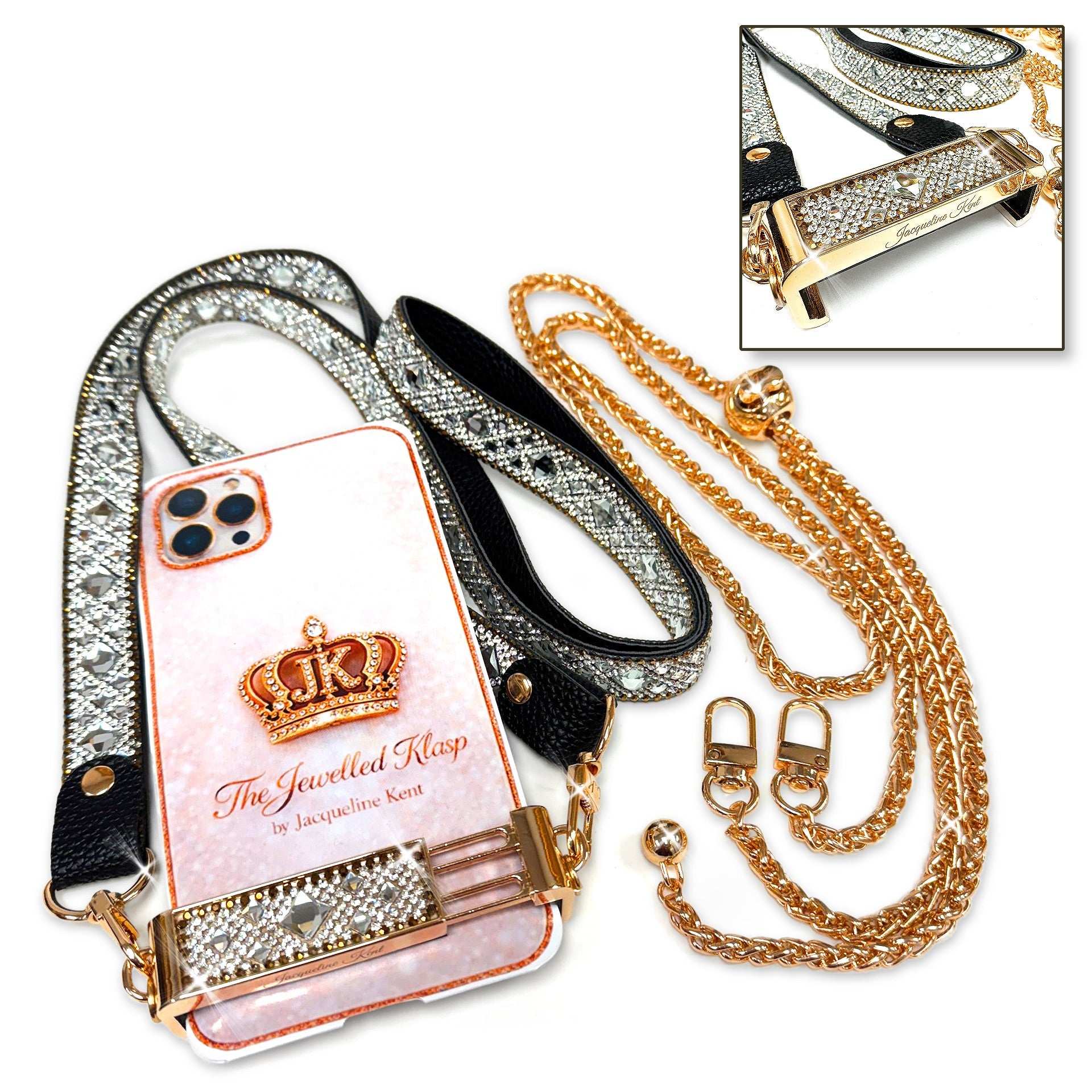 Phone klasp lanyard with decorative rhinestones strap in clear and gold with gold chain