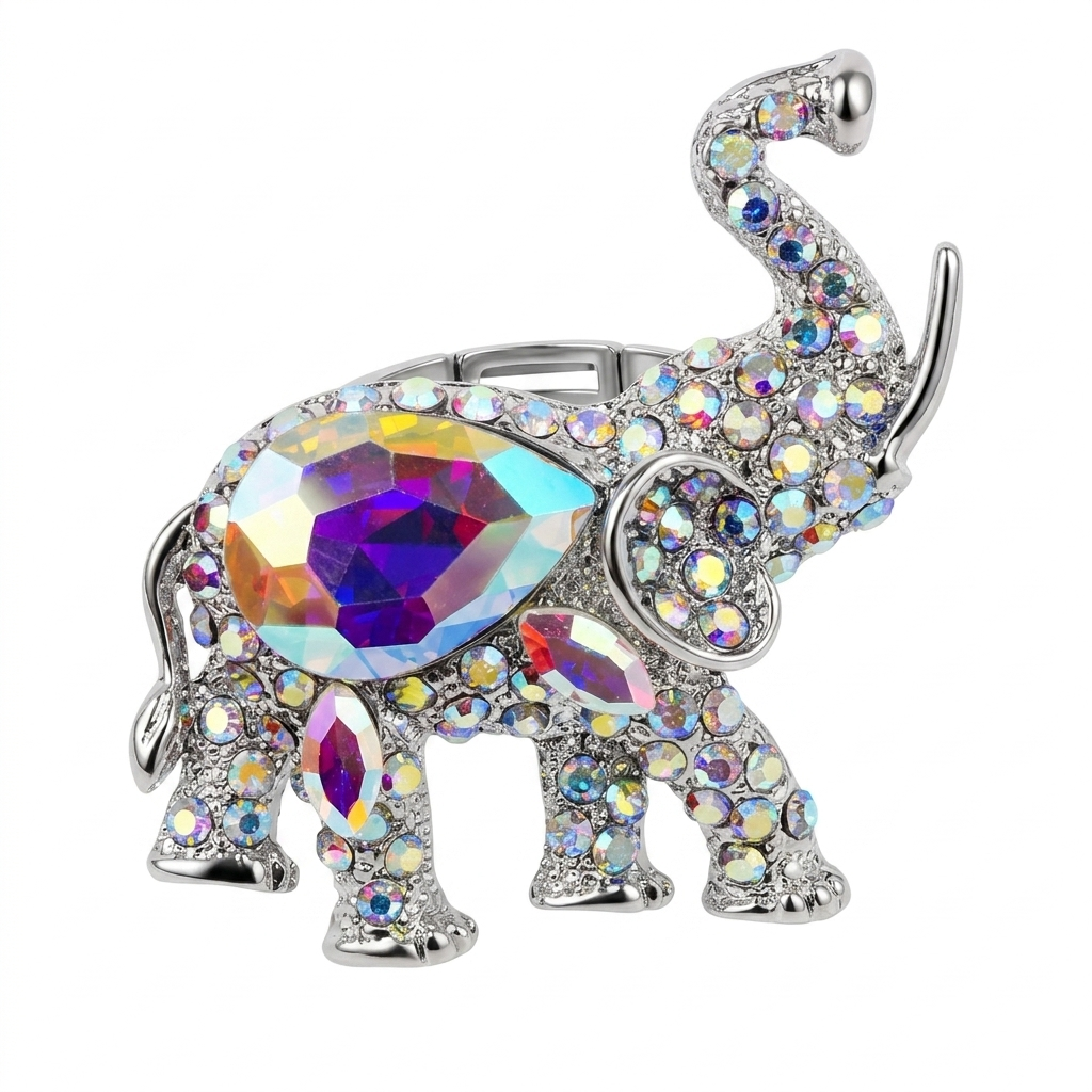 Decorative adjustable elephant ring with silver  colourful AB crystal rhinestones 