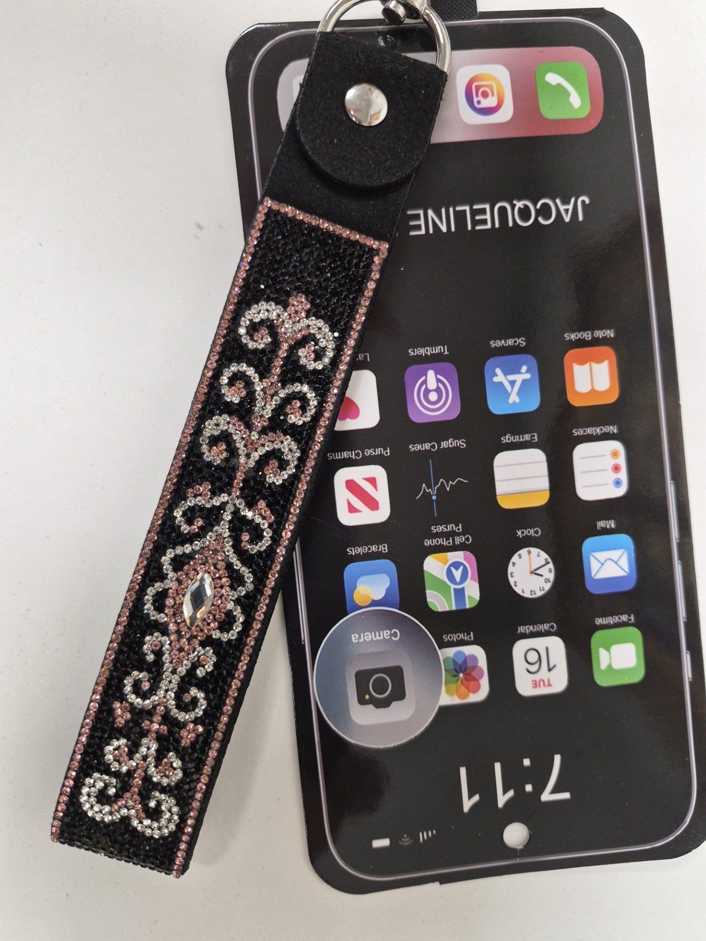 PHONE WRIST LANYARD BLACK & PINK CROSS