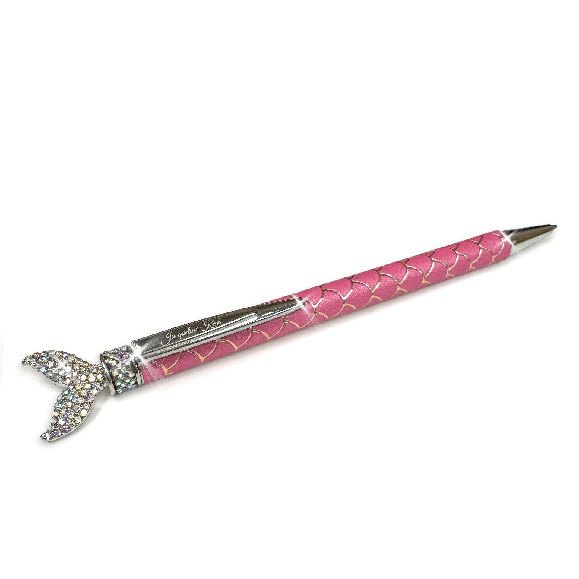 Decorative pen with pink mermaid pattern and silver mermaid tail accent on a white background