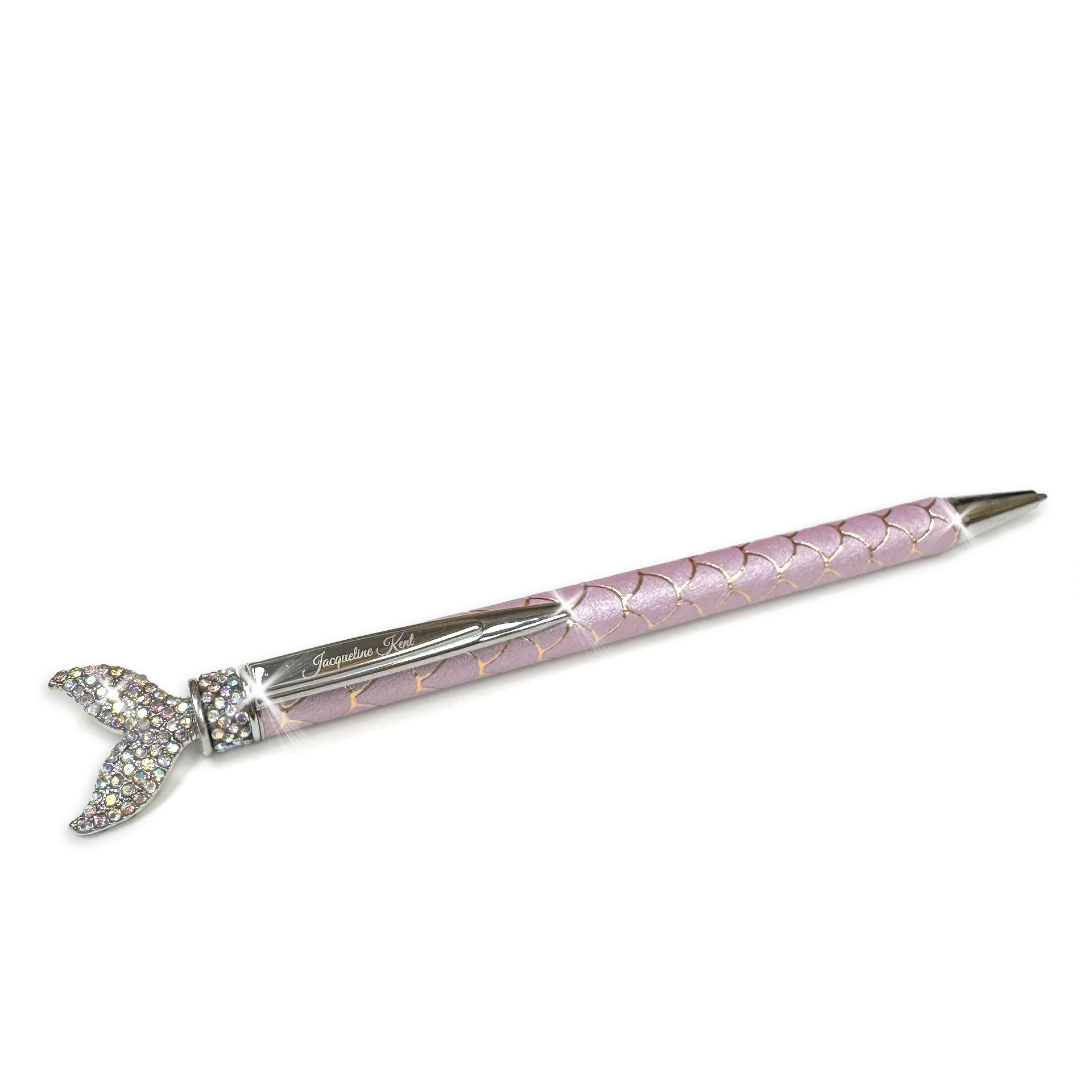 Decorative mermaid pen with a pink and gold design with embellished mermaid tail top on a white background