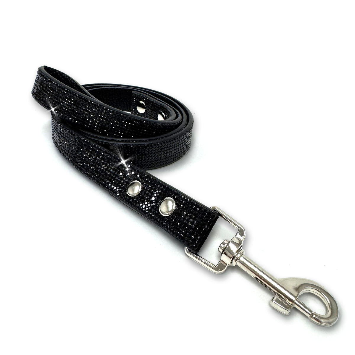 Black glittery dog leash with silver hardware on a white background