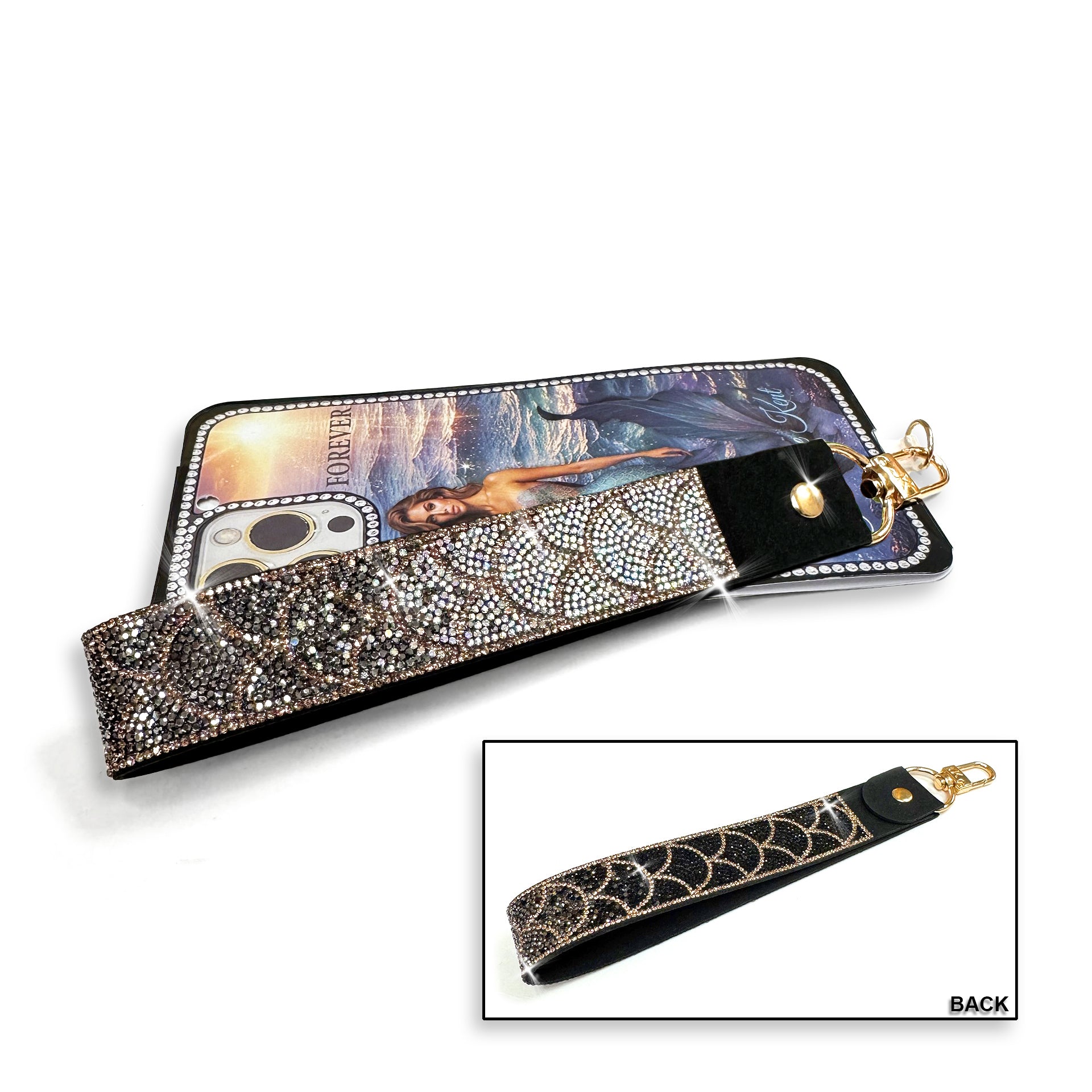 Phone/wrist lanyard with decorative mermaid scale patterned strap in black, hematite, iridescent AB and gold rhinestones on a white background