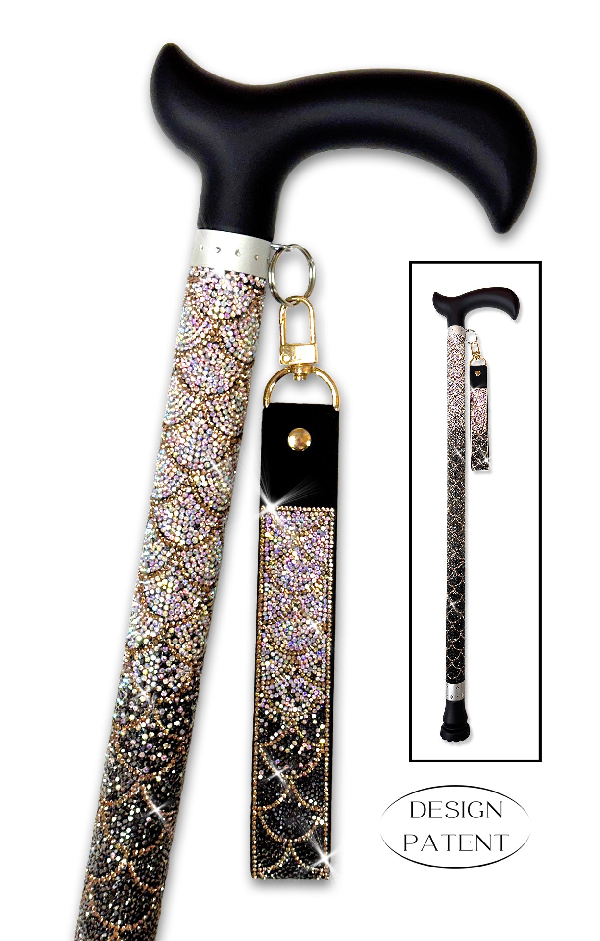 Decorative walking cane embellished with a rhinestone mermaid scale pattern in black, gold and iridescent AB crystals a on a white background