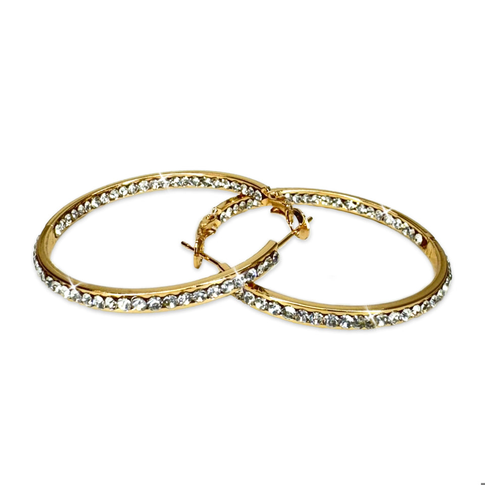 EARRING 40MM ROUND CRYSTAL HOOPS GOLD