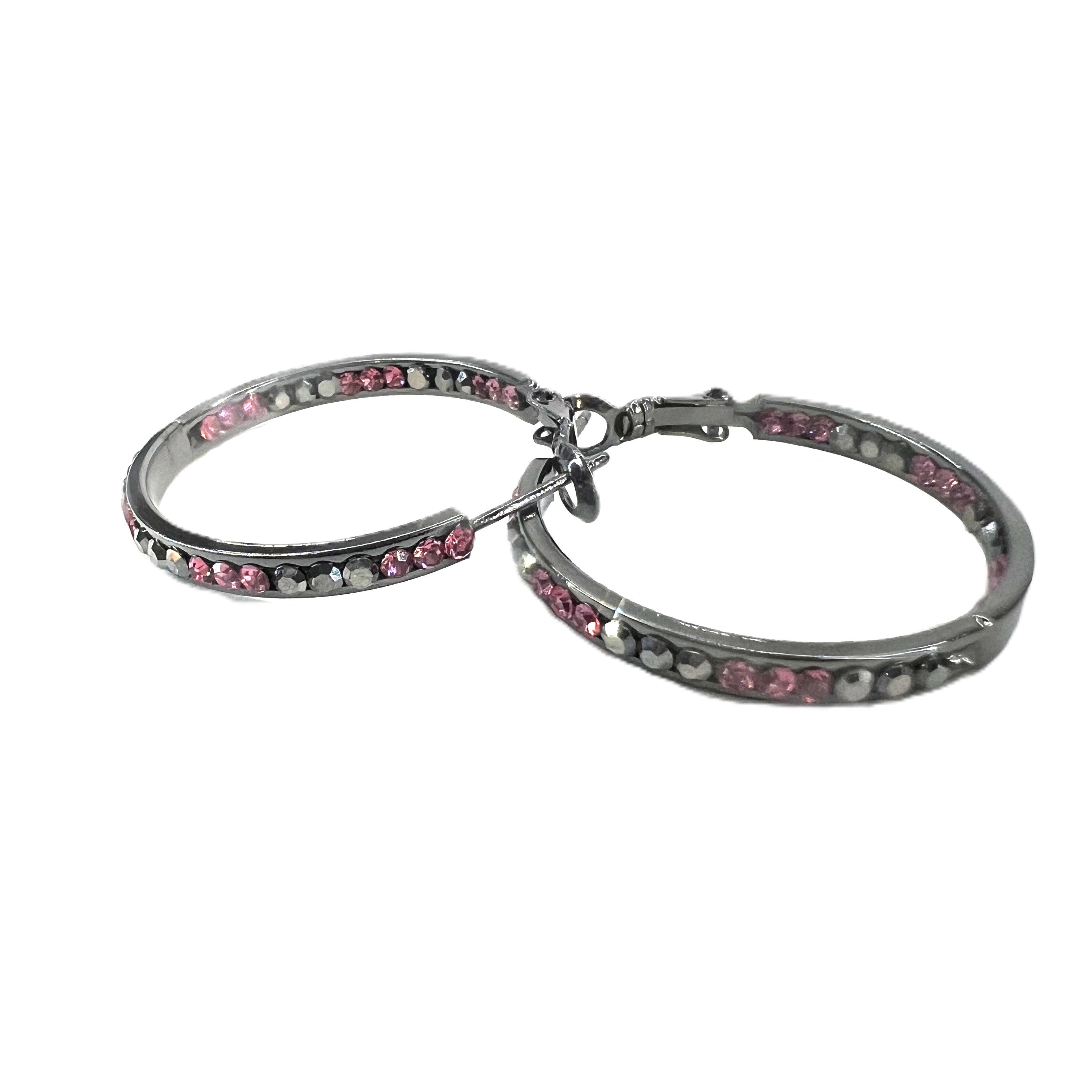 EARRING 30MM ROUND CRYSTAL HOOPS BLACK/PINK