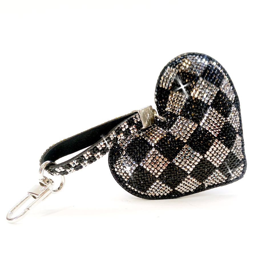 CHECKMATE CRYSTAL HEART PURSE CHARM SILVER BLACK