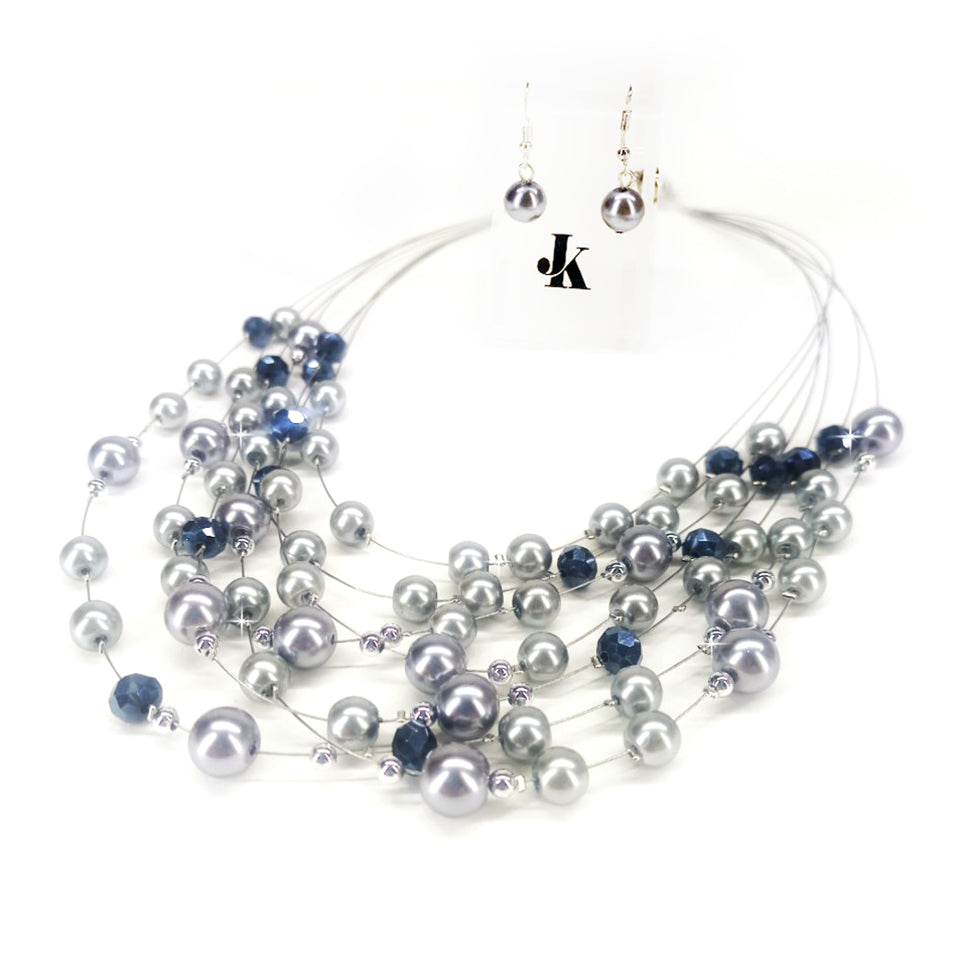 NECKLACE EARRING SET PEARL STRINGS GREY