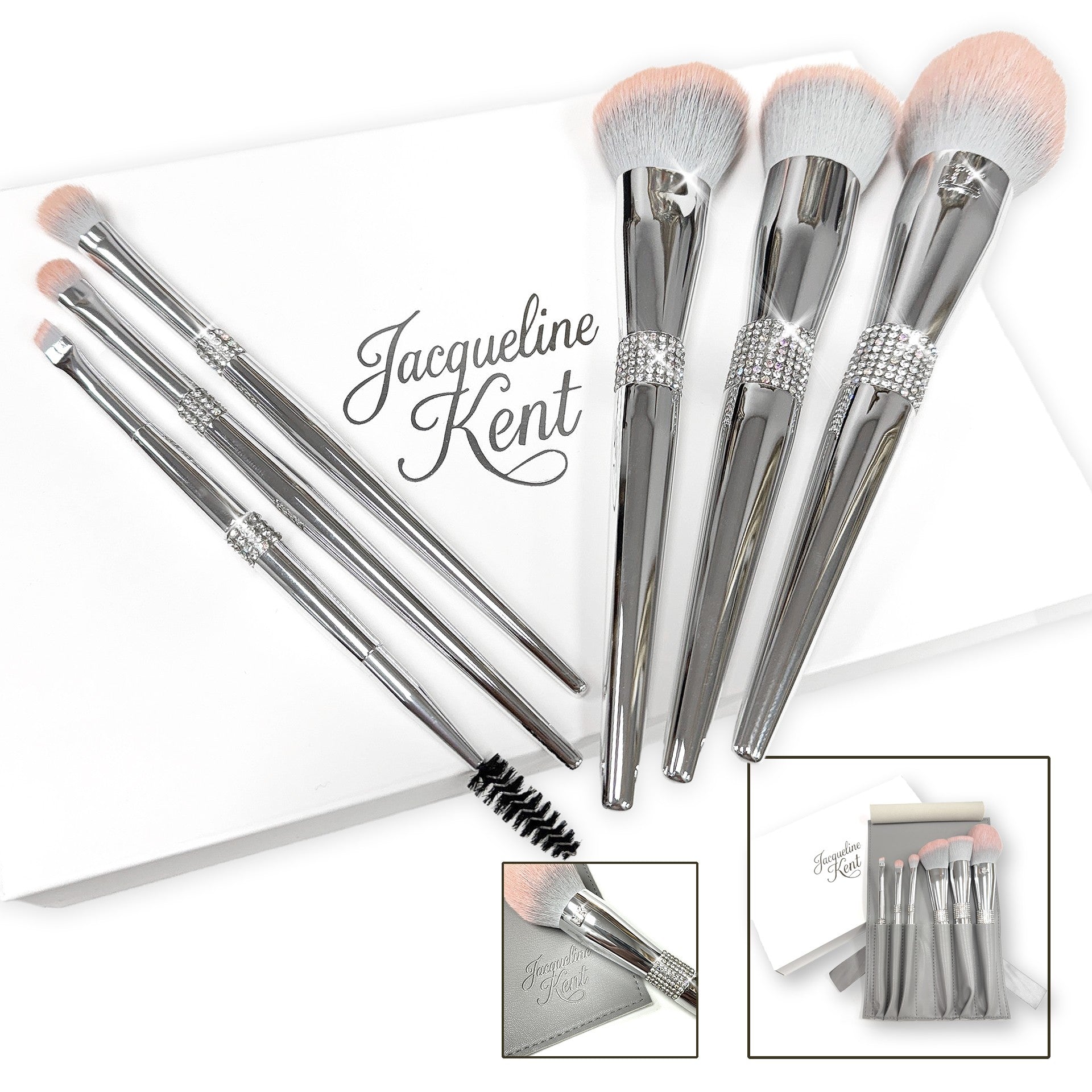 Set of'6 makeup brushes with 'Jacqueline Kent' branding on a white background