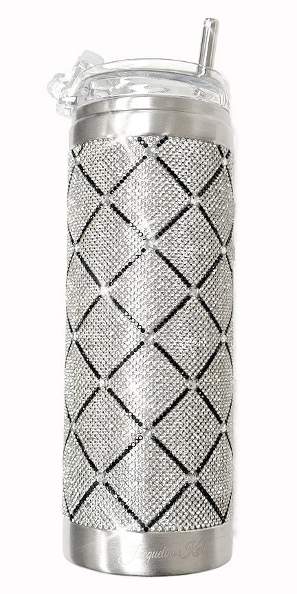 Silver and black tumbler with diamond cross pattern on a white background