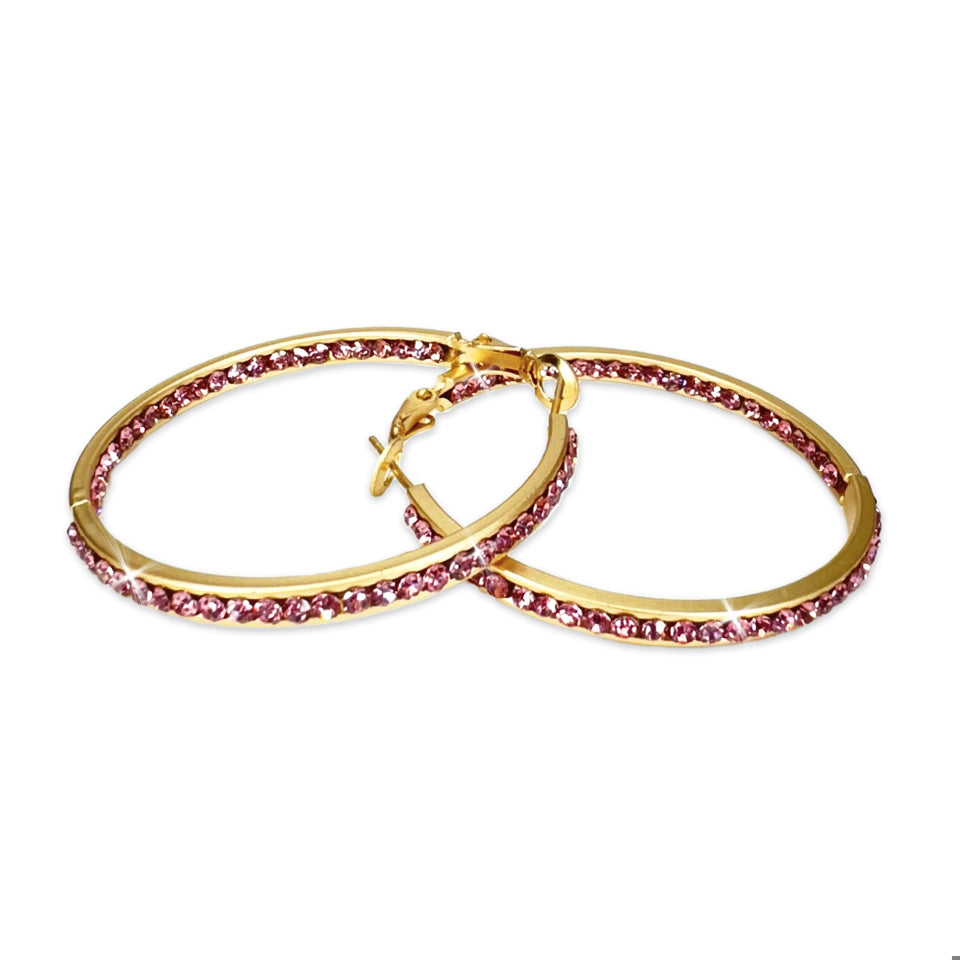 EARRING 40MM ROUND CRYSTAL HOOPS GOLD/PINK