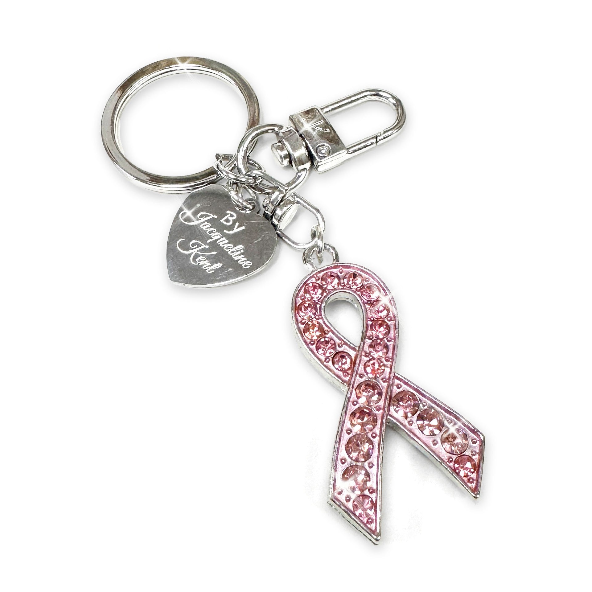 Pink ribbon purse charm/keychain with silver clasp on a white background