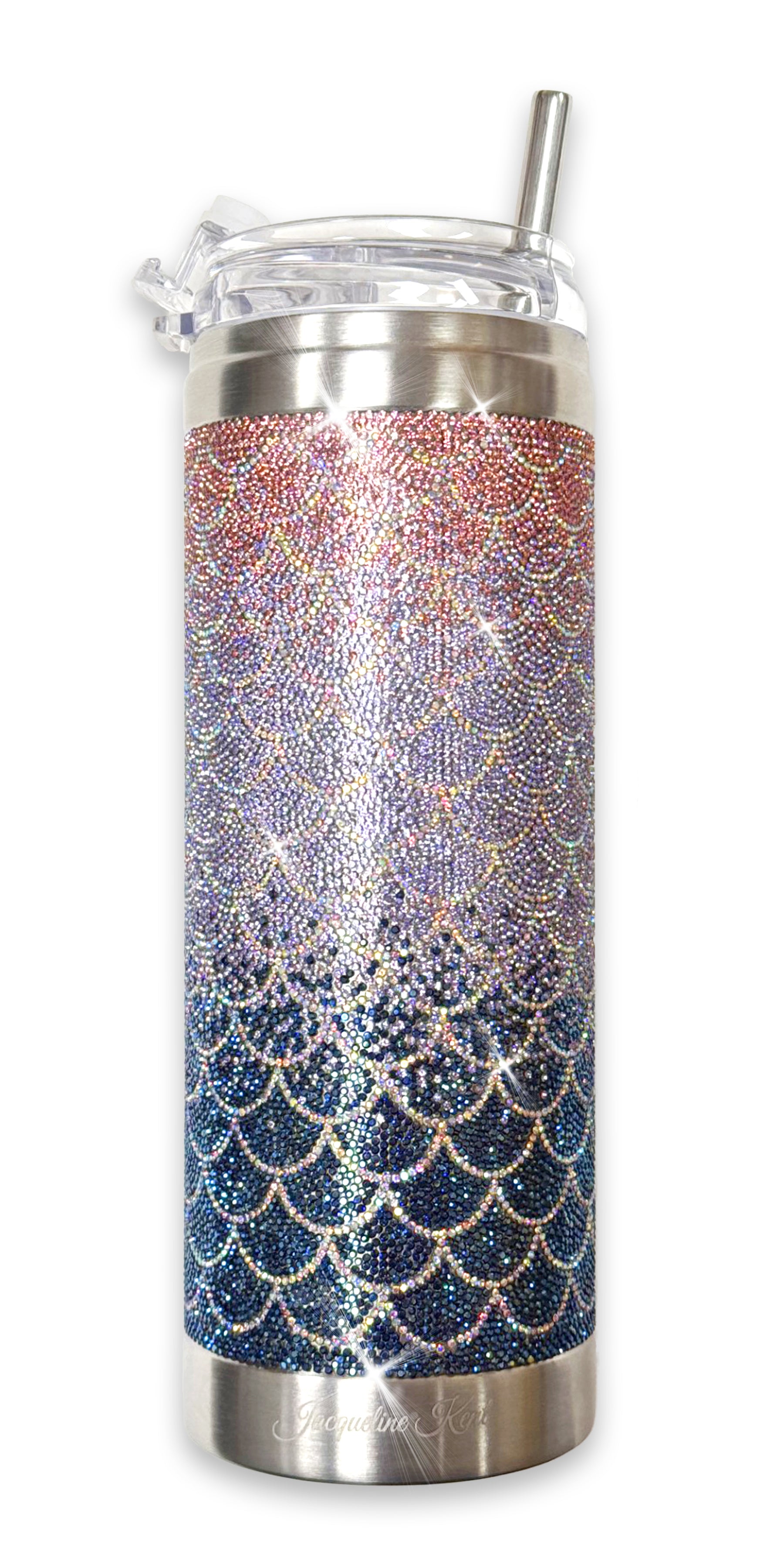 Tumbler with mermaid scale pattern with navy, violet and pink rhinestones on a white background
