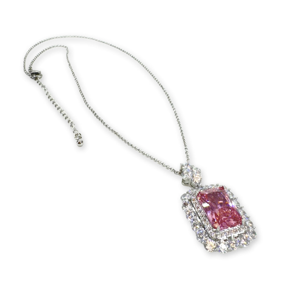 NECKLACE CRYSTAL SQUARE SILVER PINK