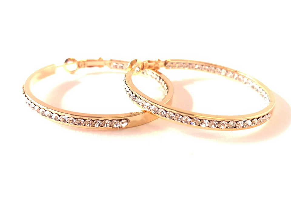 EARRING 30MM ROUND CRYSTAL HOOPS GOLD