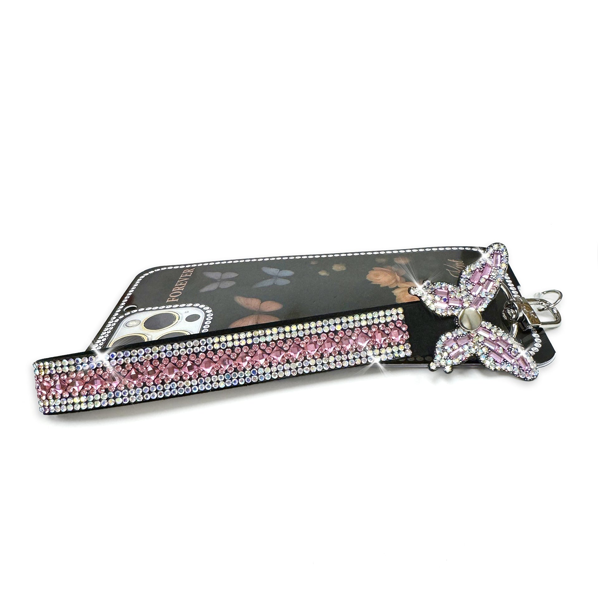 Phone and wrist lanyard with pink and white crystals and butterfly charm on a white background