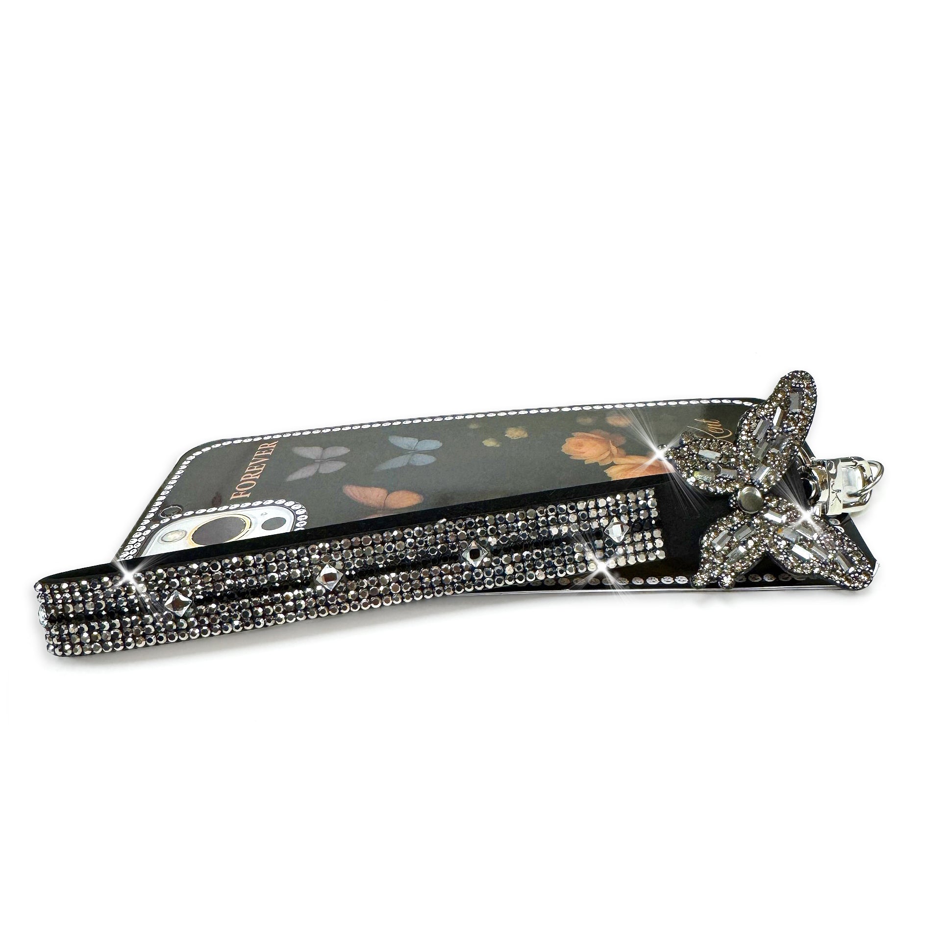 Hemitite phone and wrist lanyard with butterfly charm and rhinestone details on a white background