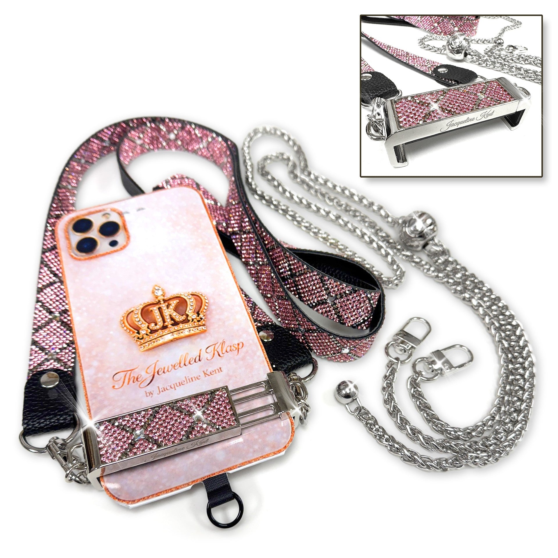 Jacqueline Kent Jewelled Klasp Crossbody Phone Lanyard – Pink & Silver