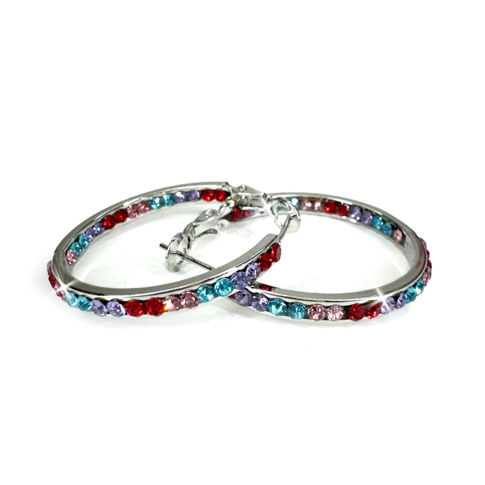 EARRING 30MM ROUND CRYSTAL HOOPS SILVER/MULTI